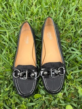 Coach Elkie Black Signature Canvas Patent Leather Horsebit Loafers Flats 9.5B